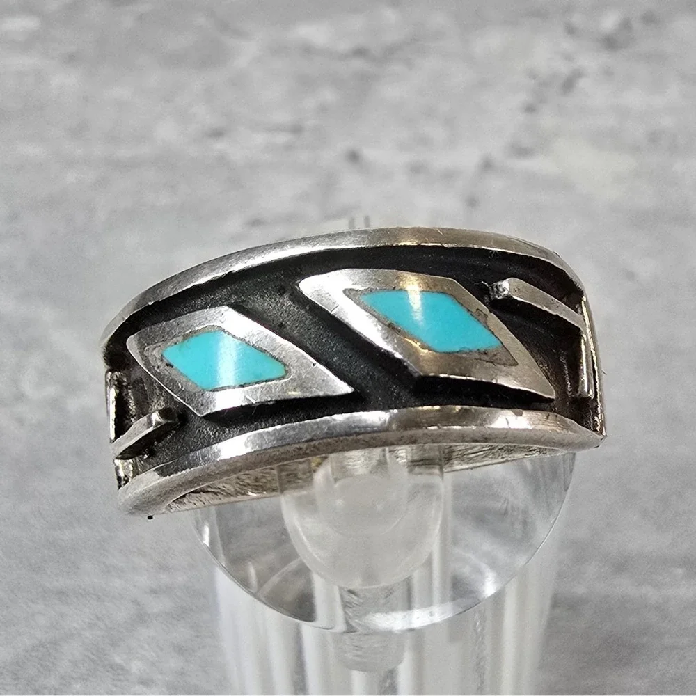 Vintage Southwestern Ring Turquoise Inlay Geometric Band Silver Tone Size 9